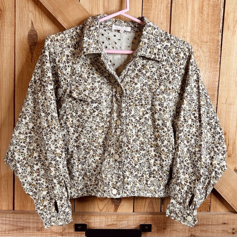 Solitaire by Anthropologie Women’s Tan Floral Eyelet Cropped Jacket Size M